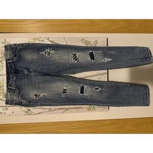 Bebe Women's Distressed Blue Denim Jeans with Pearl Embellishments